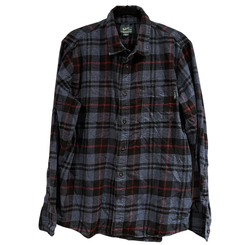 Woolrich Flannel Shirt Blue Plaid Outdoor Button Up Chest Pocket Logo